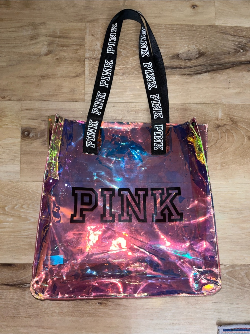 PINK Victoria's Secret Iridescent Holographic Pink Tote with Black Logo Straps